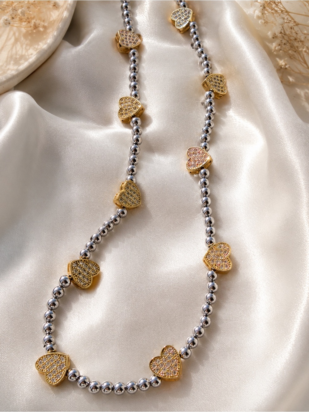 Gold & Silver Heart Station Necklace - Women Jewelry
